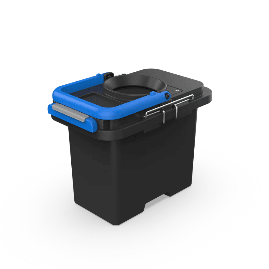 GottaGo Eco Cassette, a black solids container with a blue carry handle and latched lid