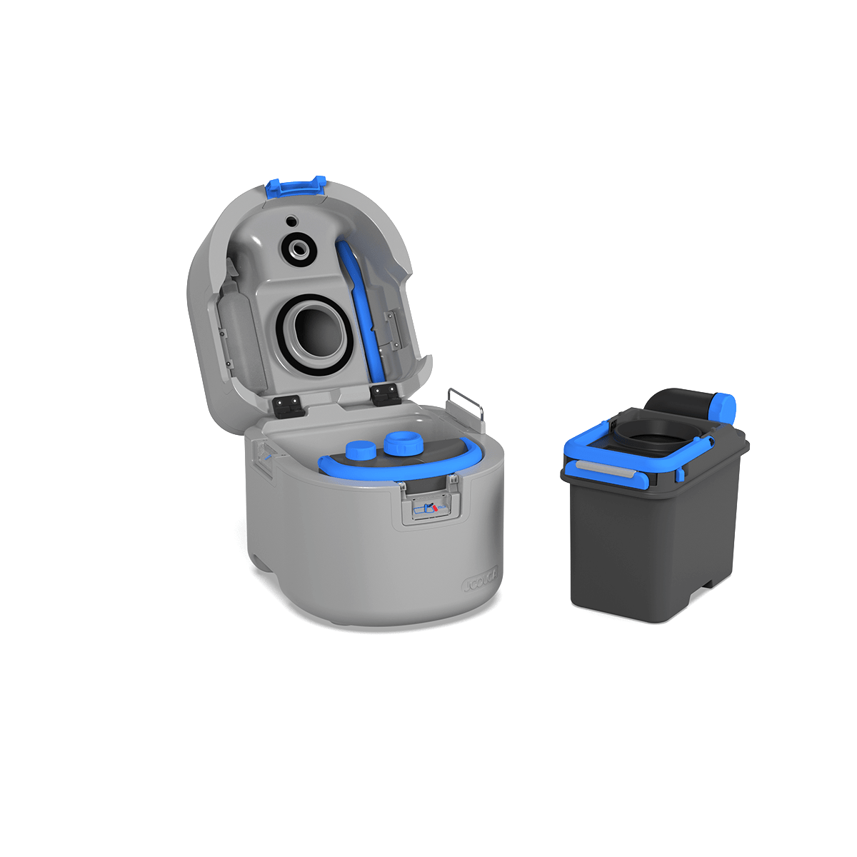 GottaGo open with the cassette and its blue carry handle set beside it
