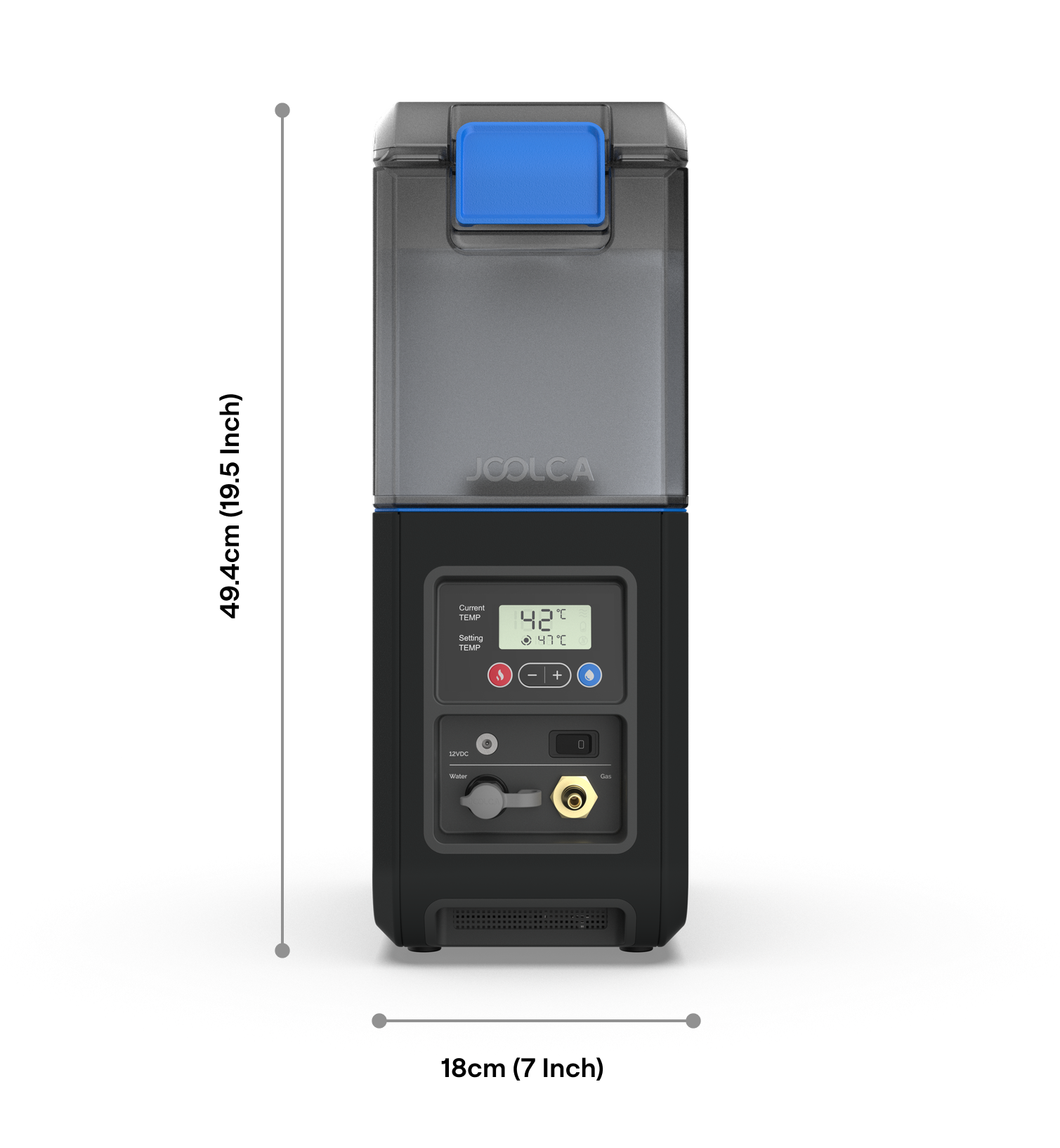 Compact portable hot water system unit with digital temperature display, control buttons, water and gas connection ports, and a translucent top cover with a blue latch.