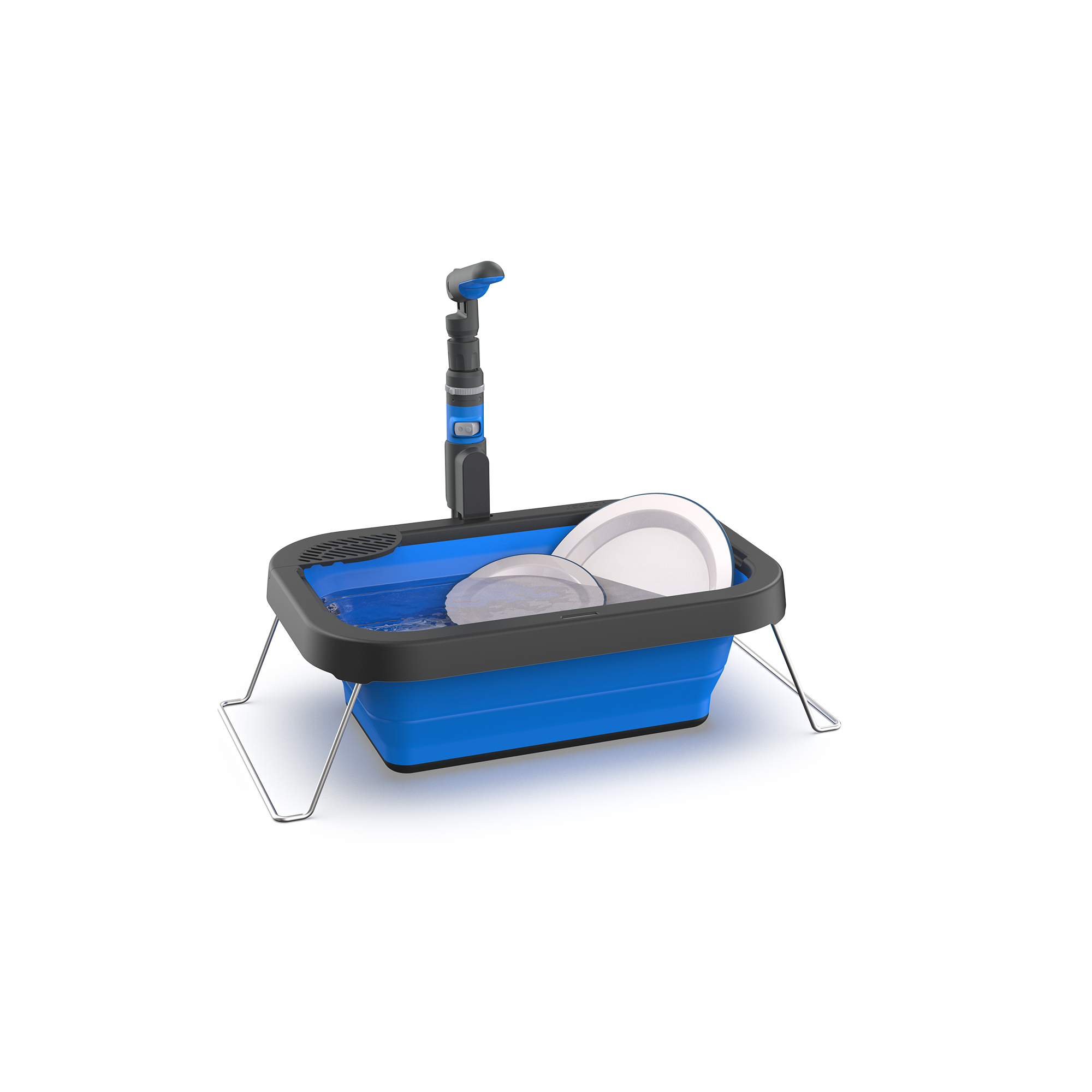 Joolca Flexi Sink collapsible camp sink set up on its fold-out legs with a HOTTAP tap, holding water and plates