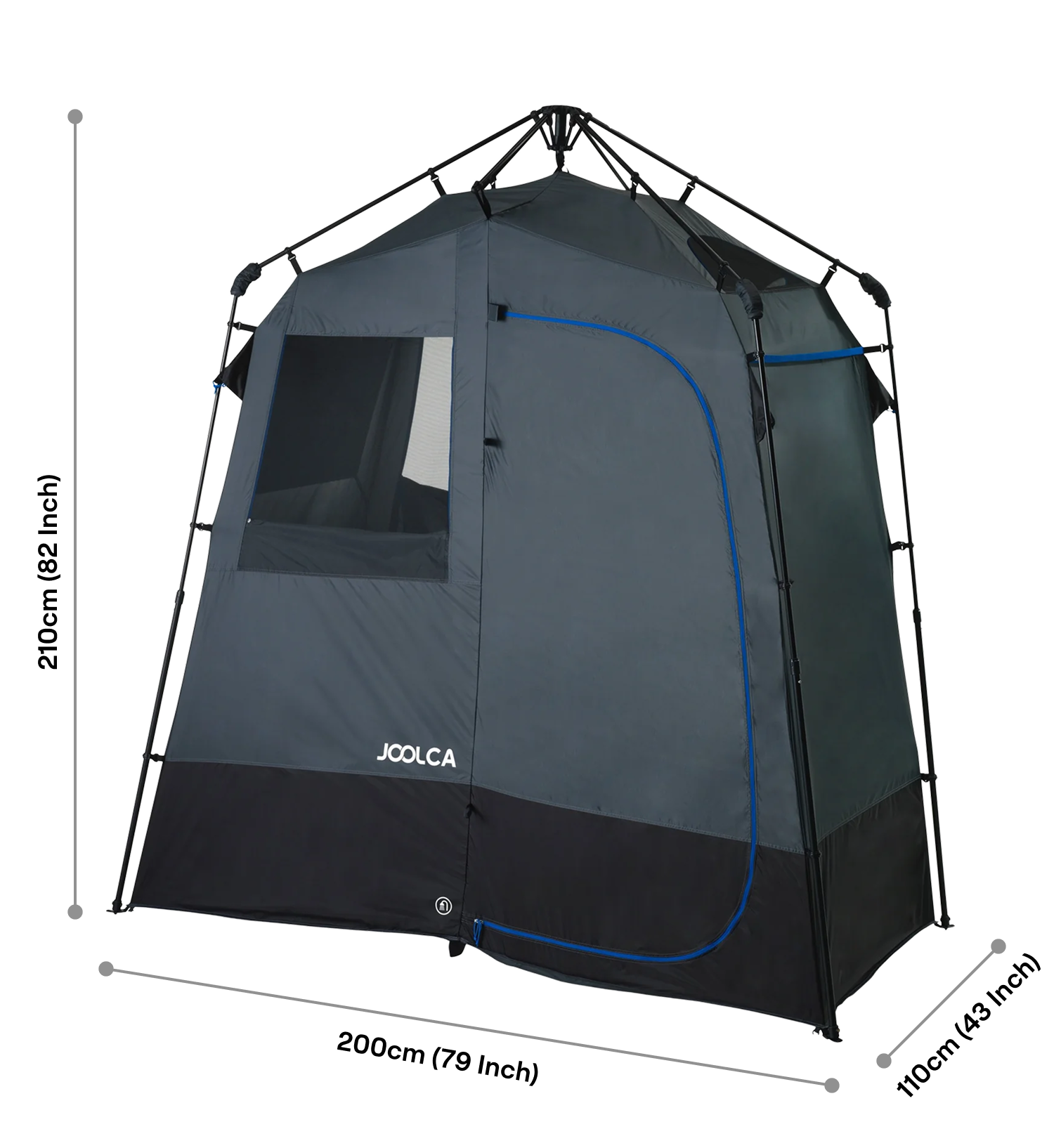 Freestanding dark grey and black privacy tent with a zippered door and mesh window, supported by a black frame designed for outdoor use.