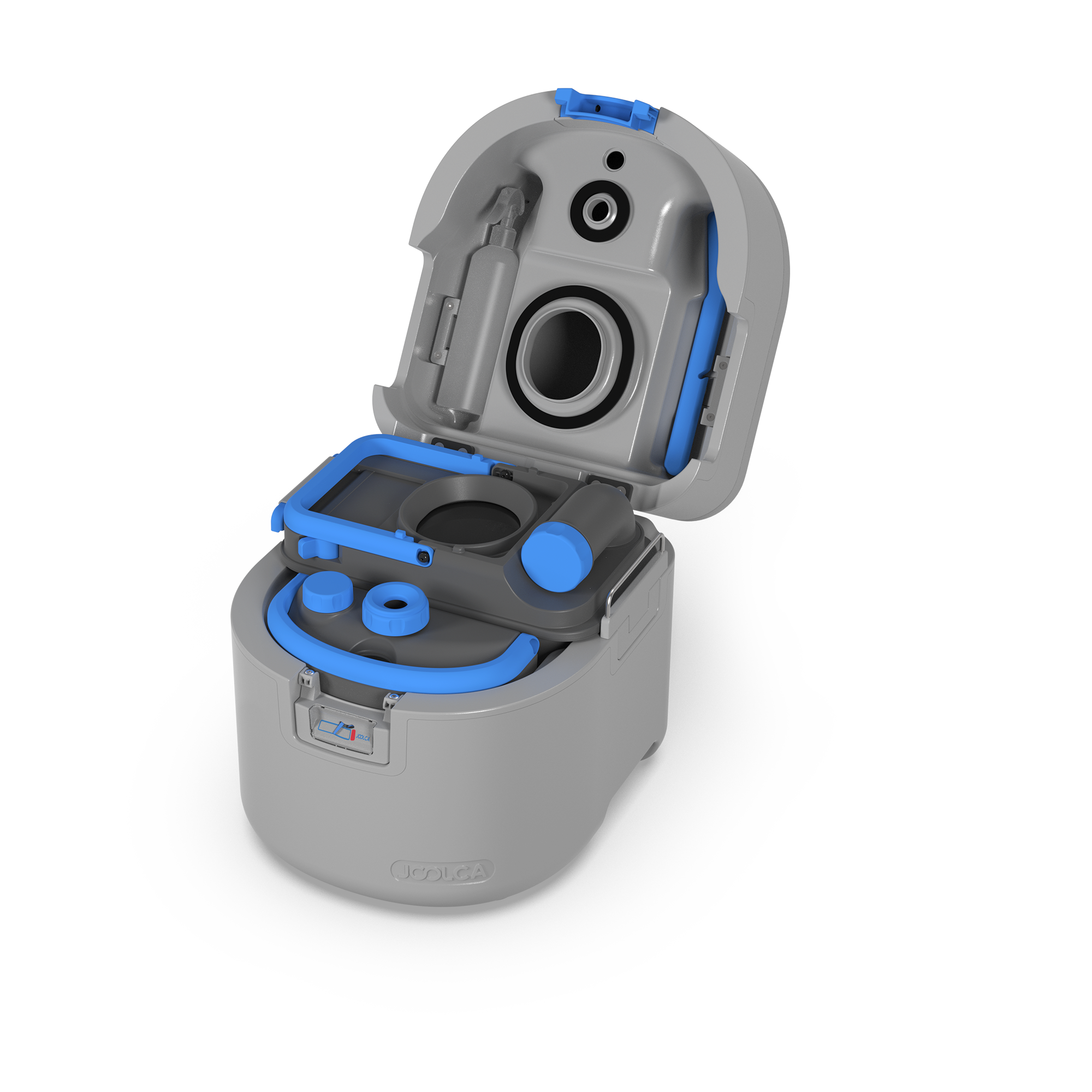 Compact portable outdoor toilet with blue accents, open lid revealing internal components designed for easy use and setup during off-grid or camping situations.