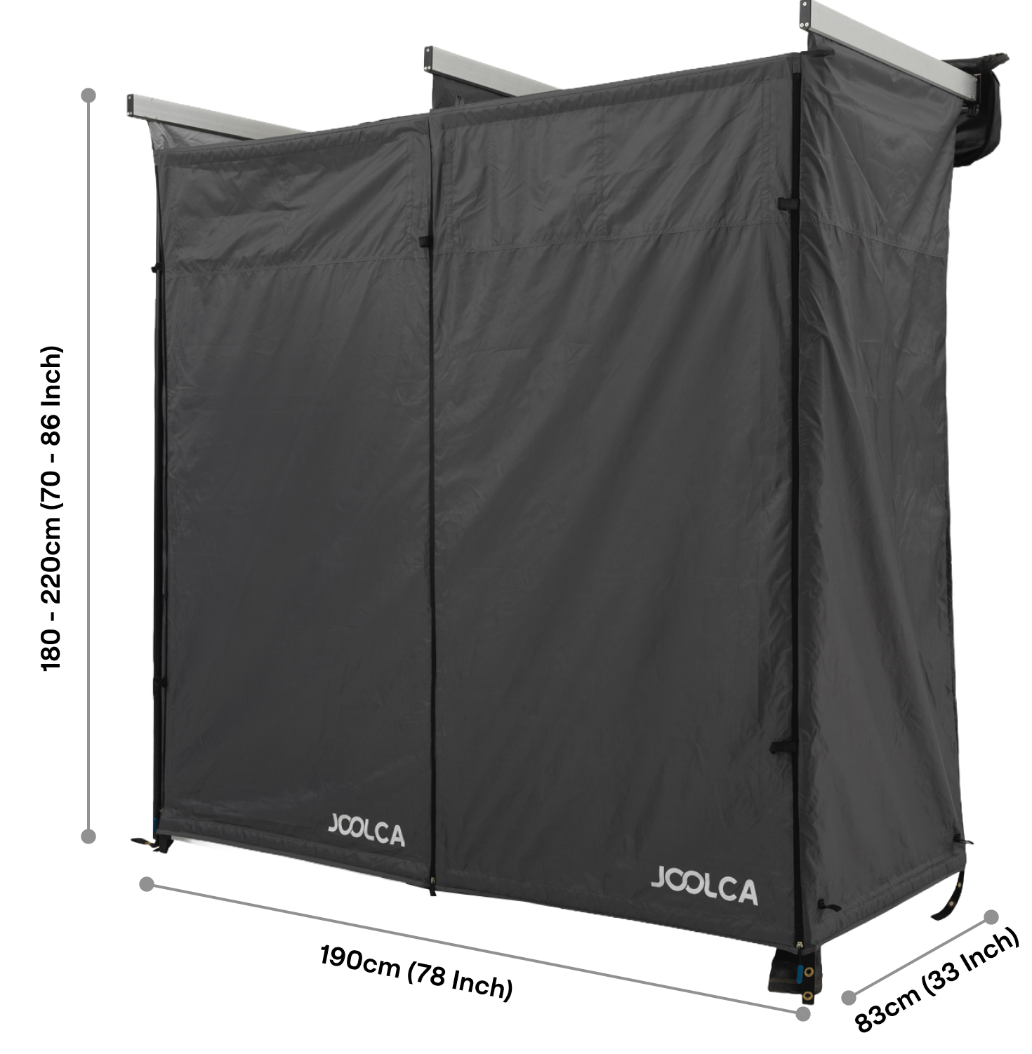 Two-panel black privacy tent with sturdy frame supports and branded hems designed for outdoor use, likely mounted for easy setup and increased space.