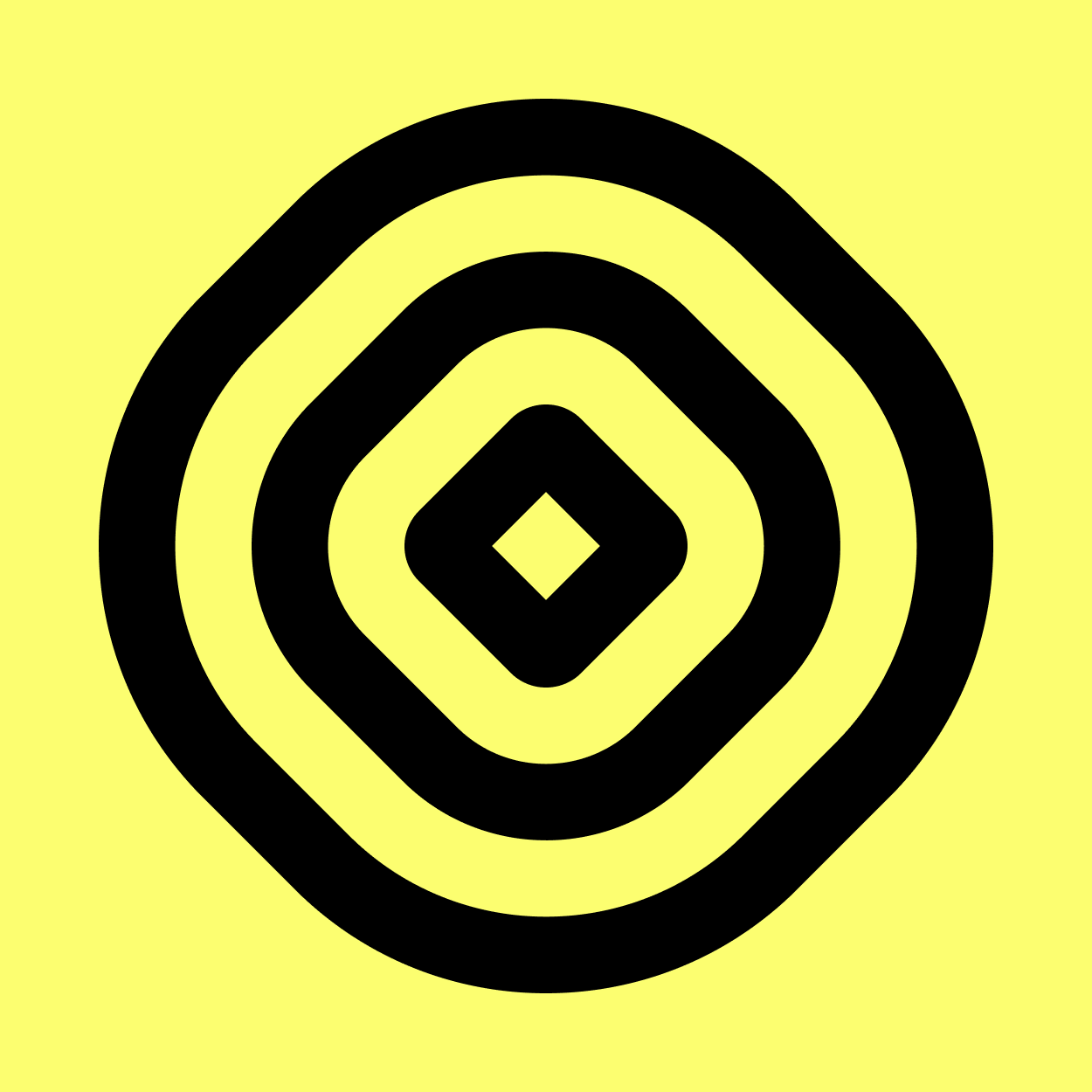 Concentric rounded black shapes forming a symmetrical abstract pattern centered on a bright yellow background.