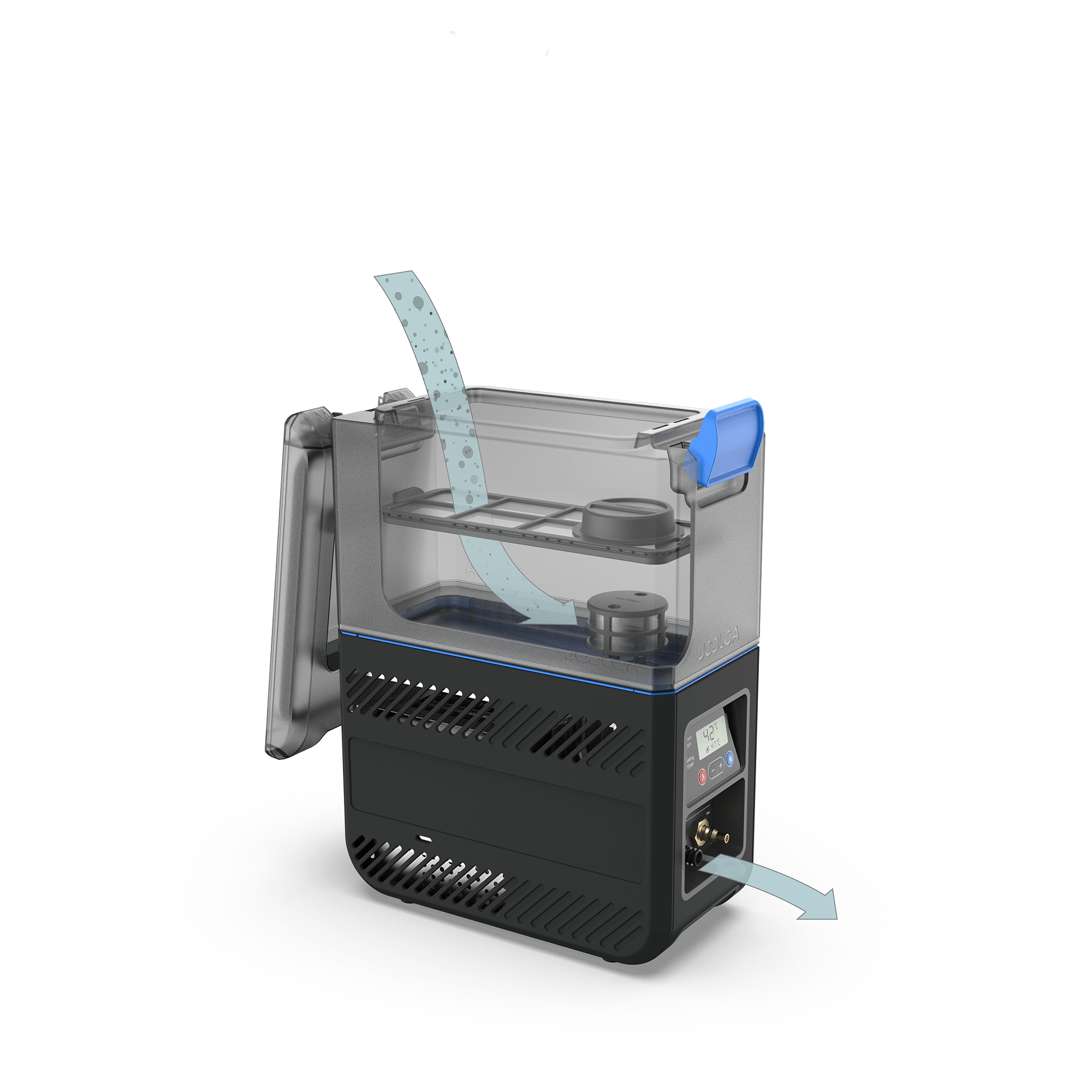 HOTTAP Go portable hot water system by Joolca showing its self-contained 12L tank, pump, and burner unit with flow arrows indicating water circulation for instant off-grid hot showers.