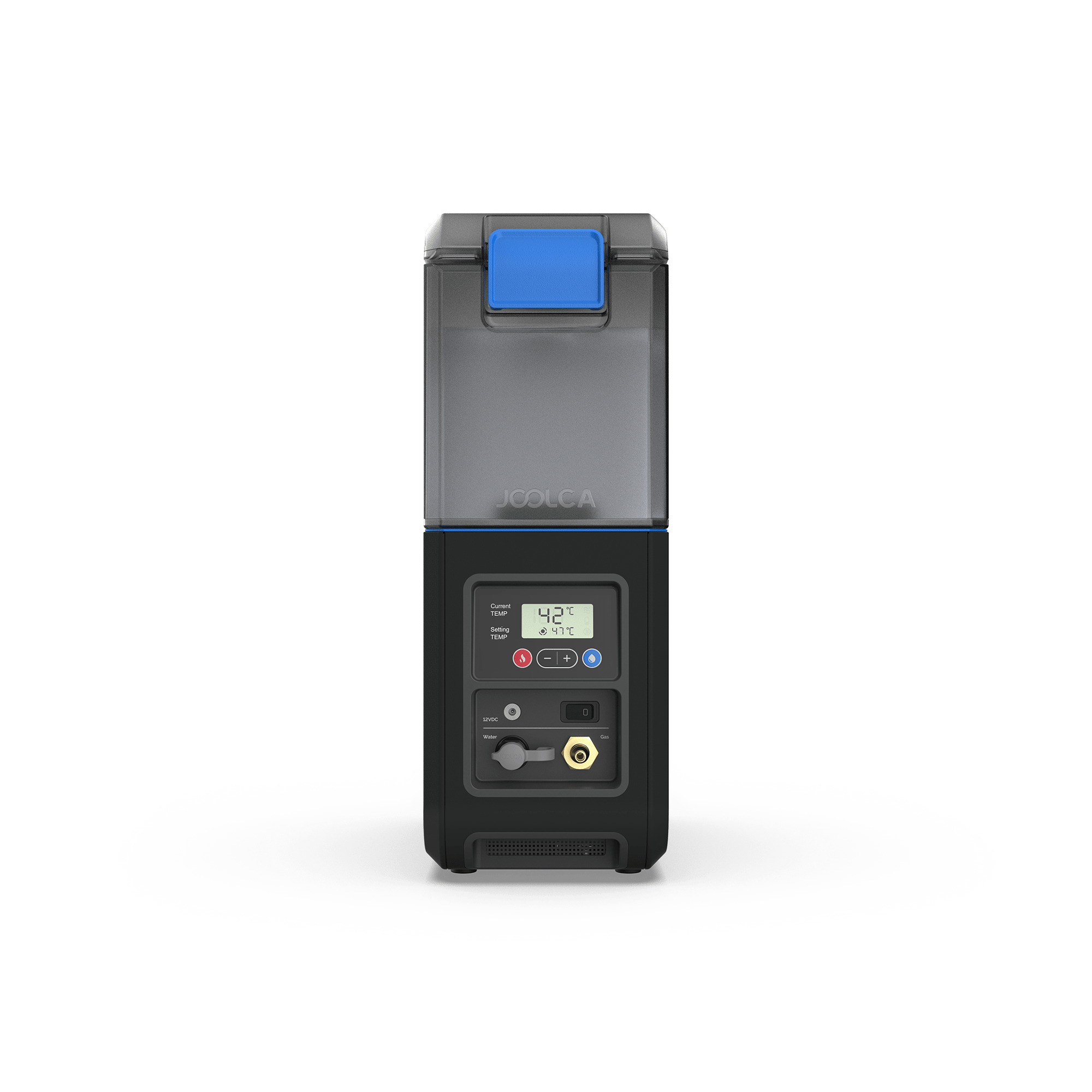 HOTTAP Go portable outdoor hot water system by Joolca with integrated 12L tank, pump, and burner, digital temperature control for instant hot water camping showers.