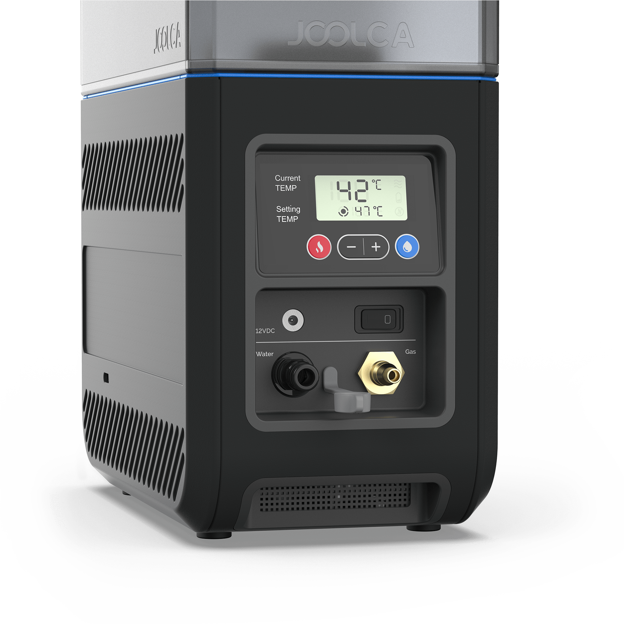 Joolca HOTTAP Go portable instant hot water system with digital temperature display, controls, and gas and water connections for off-grid outdoor hot water.