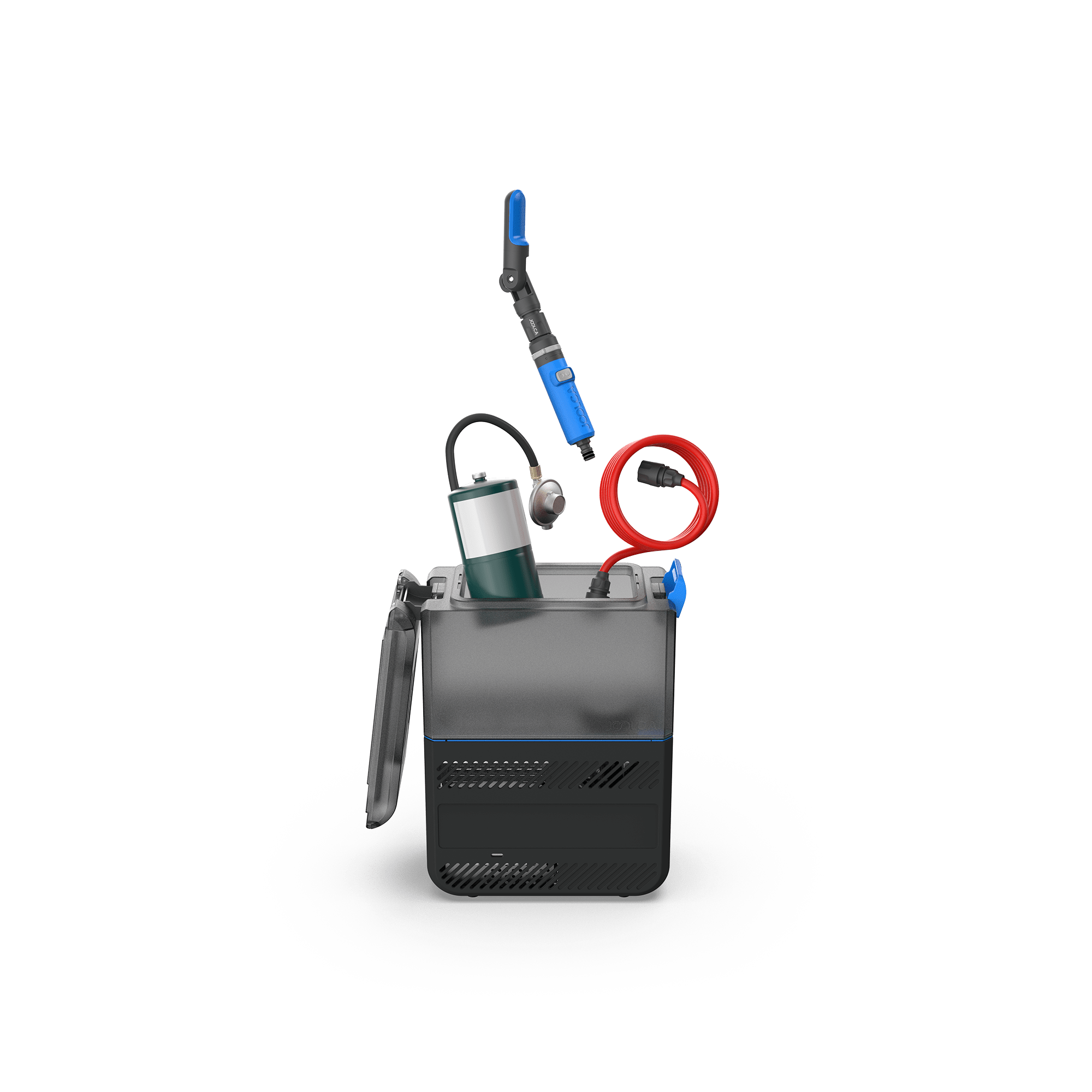 HOTTAP Go portable instant hot water system by Joolca with integrated 12L tank, pump, and burner, shown with hoses and shower attachment for rugged outdoor use.