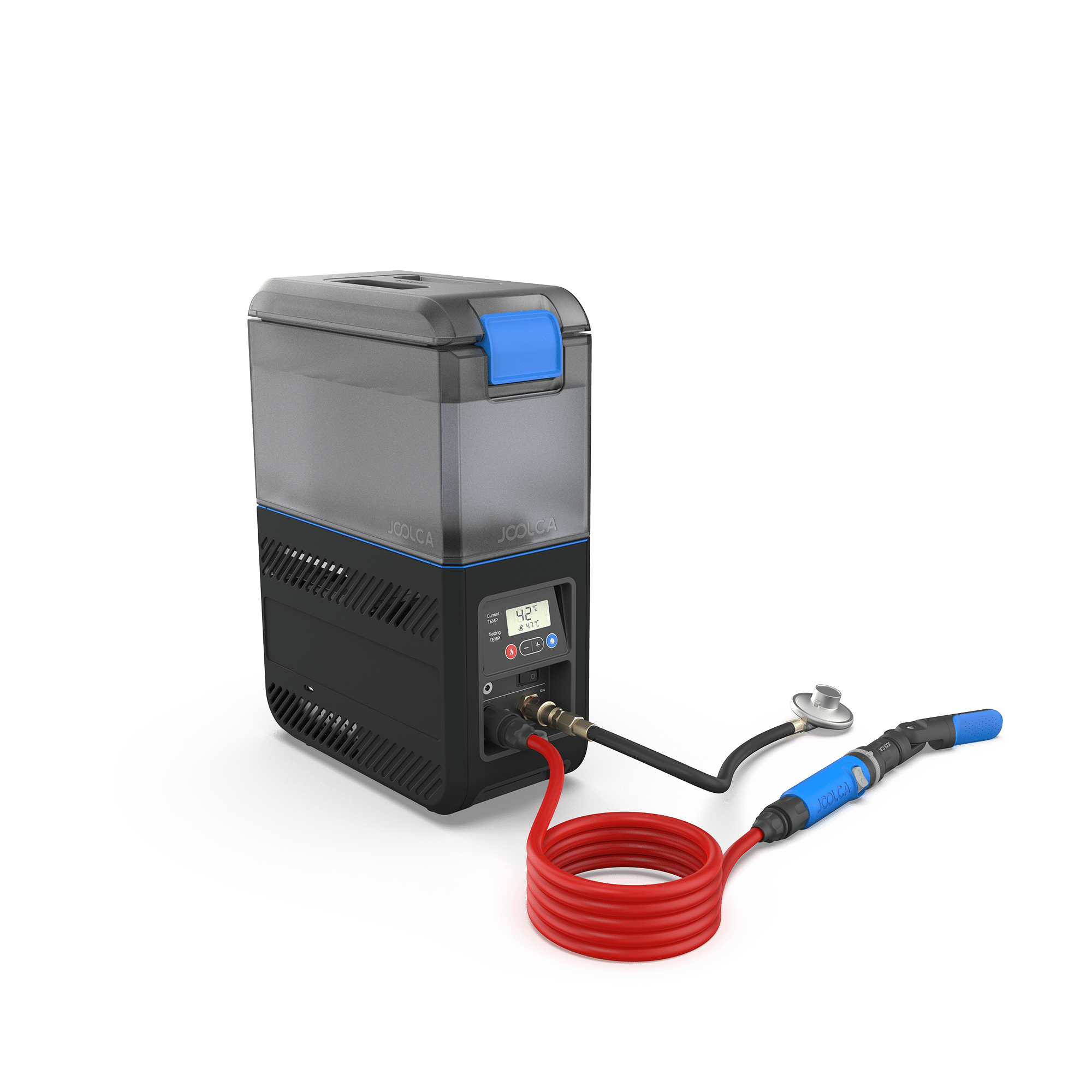HOTTAP Go portable hot water system with red hose and shower handle