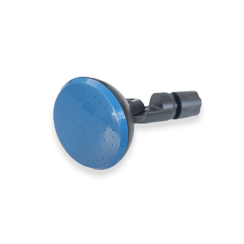 Blue HOTTAP V2 shower head, seen from the front at an angle