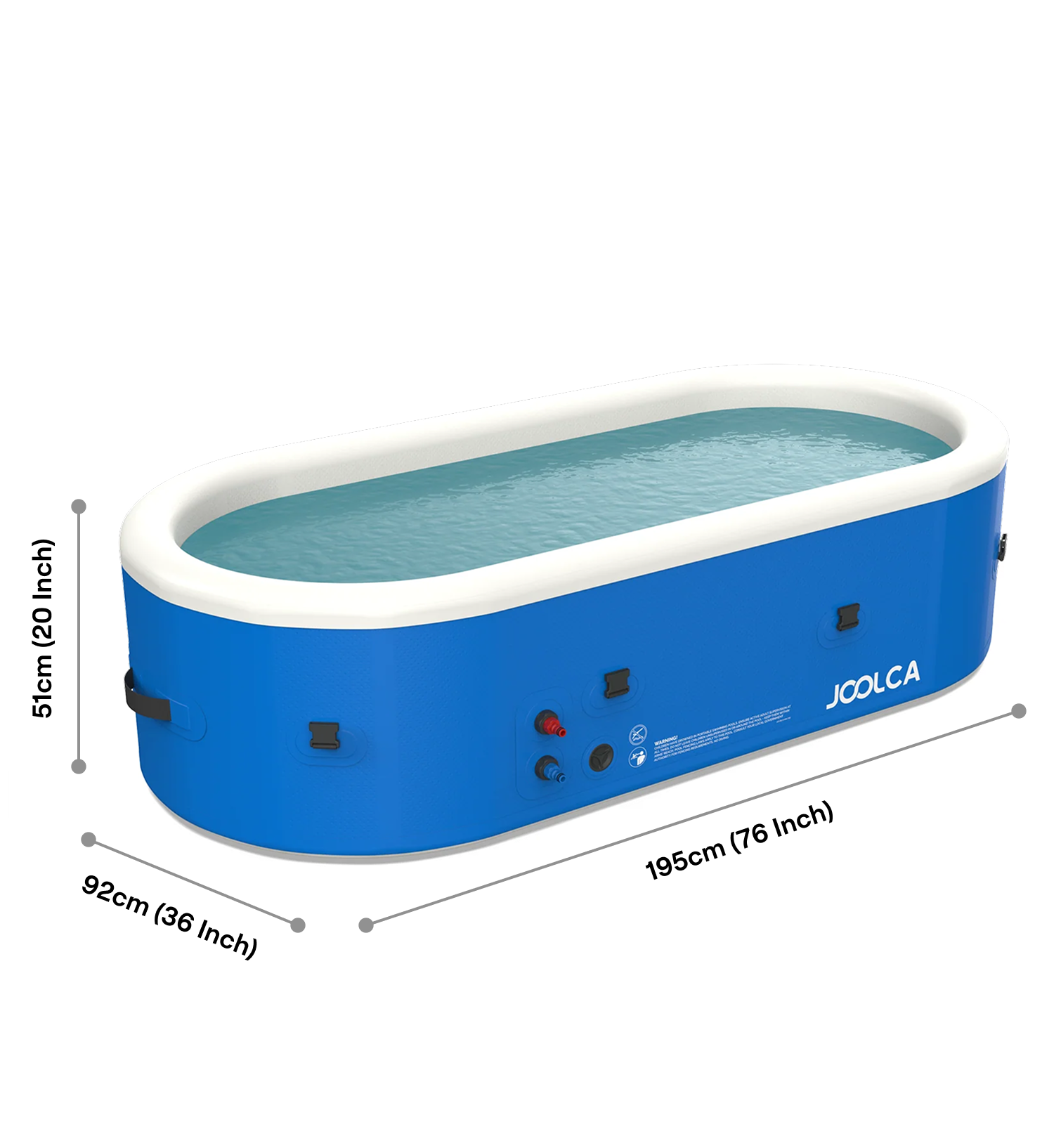 Blue inflatable rectangular hot tub filled with water and white inflated top edge, displaying dimensions and Joolca branding.