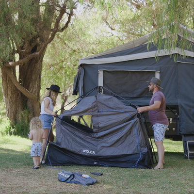 ENSUITE Double pop-up shower tent in use outdoors