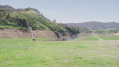 Close-up of the Joolca Hottap V2 shower head spraying water outdoors with hills in the background.