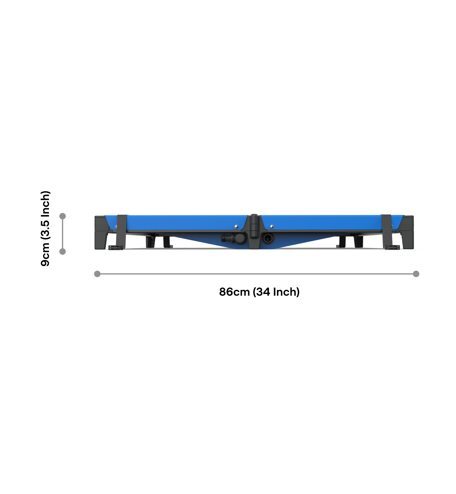 Front view of a flat, rectangular blue and black camping shower base with adjustable legs and a centrally located drainage outlet, showing width and height dimensions.