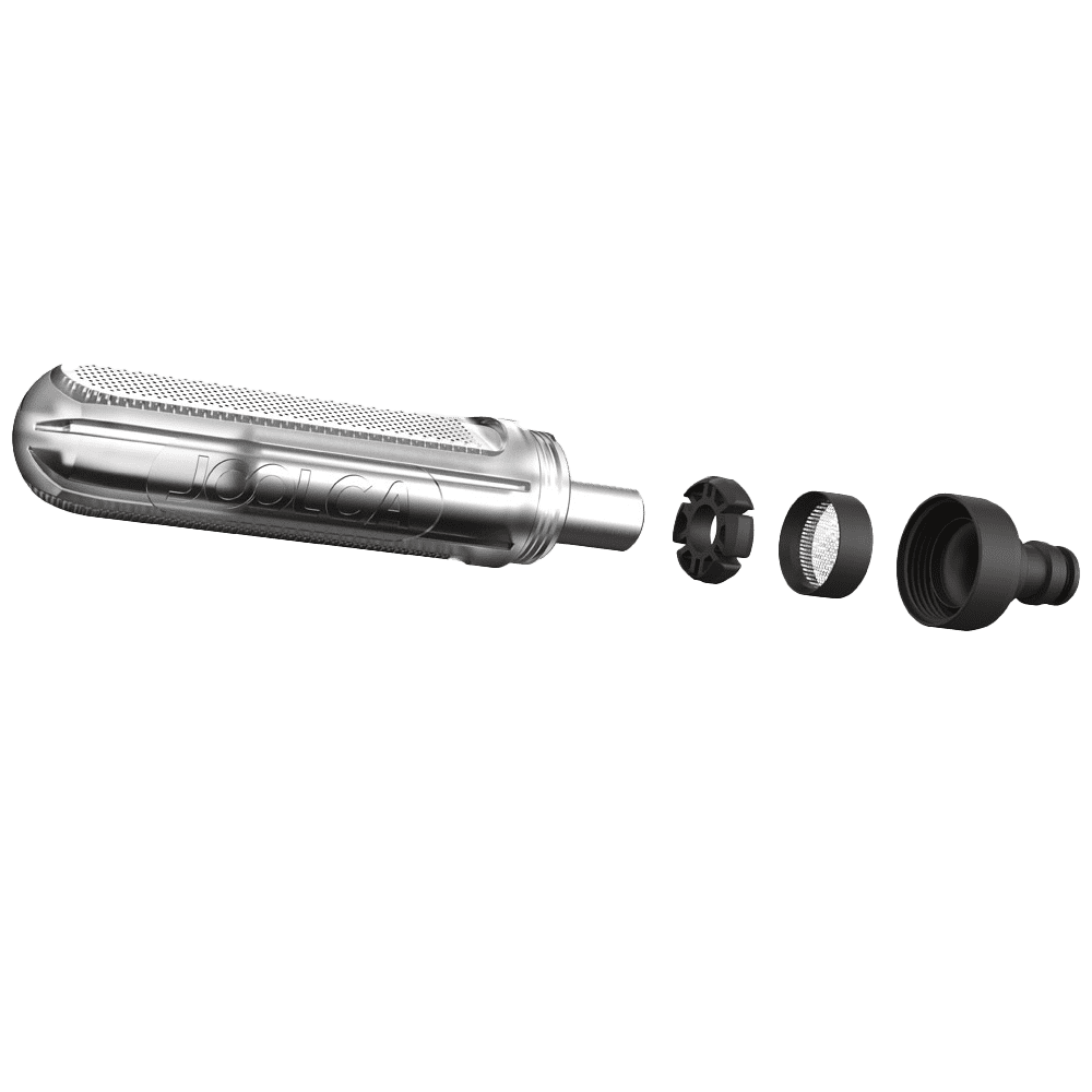 Stainless end filter shown with its fittings laid out beside it